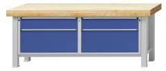 Schwerlast-Werkbank, 2 Schubladen links, 2 Schubladen rechts, Buchemassivplatte 100 mm.