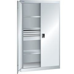 Schwerlastschrank, 3 Fachböden, 2 Schubladen, lichtgrau.