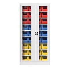 Sichtfenster-Flügeltürenschrank, mit 36 Sichtlagerkästen, lichtgrau.