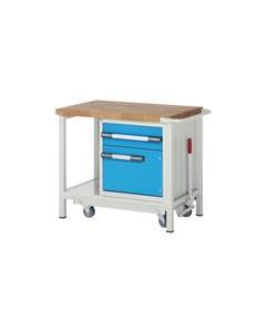Fahr- und absenkbare Werkbank, Gestellbauweise Serie 8000, 1 Schublade, 1 Tür, Ablageboden, BxT 1500