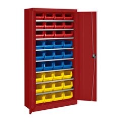 Magazinschrank, einfarbig, mit 36 Sichtlagerkästen, 8 Fachböden, rot.