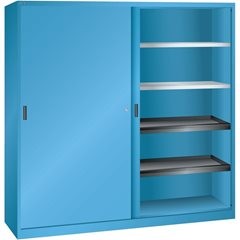 Schiebetürenschrank mit Vollblechtüren, 4 Fachböden, 4 Auszugböden, lichtgrau.