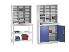 Ordnungs- und Sortierstation, mit Flügeltürschrank, lichtgrau / lichtgrau.