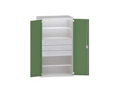 Schwerlastschrank aus Stahl, 3 Fachböden, 3 Schubladen 180 mm hoch, lichtgrau/lichtblau.