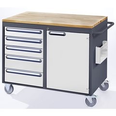 Kompaktwerkbänke, fahrbar, 5 Schubladen, 1 Tür, Holzarbeitsfläche, anthrazit / lichtgrau.