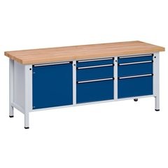 Werkbank, Gestellbauweise Serie V, 1 Tür 540 mm, 6 Schubladen, Stahlblechbelag, Teilauszug.