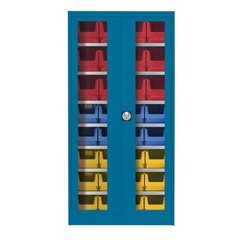 Sichtfenster-Flügeltürenschrank, mit 32 Sichtlagerkästen, brillantblau.