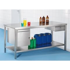 Edelstahl-Werkbank, Arbeitshöhe 840 mm, BxT 800 x 750 mm, mit Fachboden.