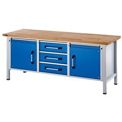 Werkbank, Gestellbauweise, Breite 2000 mm, 3 Schubladen, 2 Türen, Buche massiv.