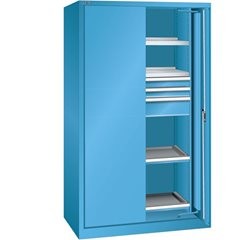 Schwerlasteinschwenktürenschrank, 3 Schubladen, 4 Fachböden, mit Vollblechtüren, lichtgrau.