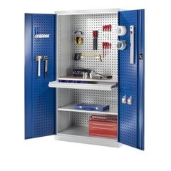 Werkzeugschrank mit Lochprägung, 1 Schublade, 1 Fachboden, 1 Arbeitsplatte, Türen lichtgrau.