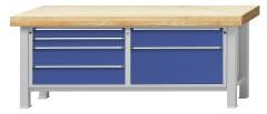Schwerlast-Werkbank, 4 Schubladen links, 2 Schubladen rechts, Buchemassivplatte 100 mm.
