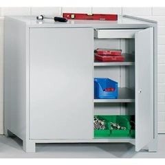 Werkzeugschrank mit Füßen, HxBxT 1000 x 1000 x 500 mm, Trennwand, je Seite 1 Schublade und 2 Fachböd
