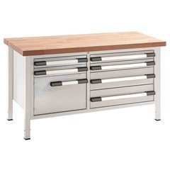 Höhenverstellbare Werkbank, Gestellbauweise, Breite 1500 mm, 6 Schubladen, 1 Tür, grau.
