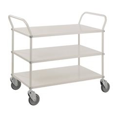 Leichter Etagenwagen Höhe 940 mm, mit 3 Metallböden, weiß, 2 Lenkrollen mit Stopp.