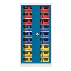Sichtfenster-Flügeltürenschrank, mit 36 Sichtlagerkästen, lichtgrau / brillantblau.
