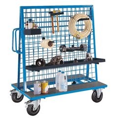 Werkstückwagen aus Stahl, Tragfähigkeit 500 kg, mit 2 Gitterwänden für Einhängeträger.