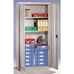 Material- und Schubladenschrank, 3 Fachböden, 12 Schubladen, lichtgrau RAL 7035 / enzianblau RAL 501