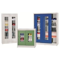 Sichtfenster-Schiebetürschrank, mit 2 Fachböden, HxB 1000 x 1000 mm, Tiefe 500 mm, Türfarbe Lichtgra