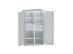 Schwerlastschrank aus Stahl, 6 Fachböden, 4 Schubladen 180 mm hoch, lichtgrau/resedagrün.