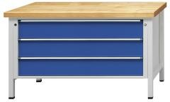 Werkbank 1500 mm breit, Gestellbauweise, 3 Schubladen à 180 mm, Buchemassivplatte, Höhe 840 mm.