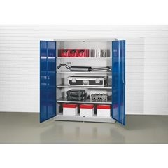 Jumbo-Flügeltürschrank, Breite 1500 mm, 4 Fachböden, Tiefe 420 mm, Türen lichtgrau.