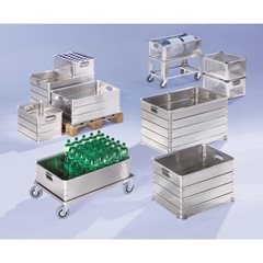 Transport- und Stapelkasten aus Aluminium, Volumen 117 l, rollenbahngeeignet.
