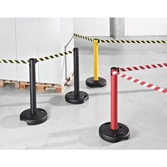 Gurtpfosten aus Kunststoff, max. Bandauszug 3700 mm, Pfosten gelb, Gurt gelb / schwarz.