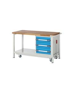 Fahr- und absenkbare Werkbank, Gestellbauweise Serie 8000, 3 Schubladen, Ablageboden, BxT 1500 x 700