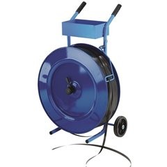 Bandabroller für PP-Band, für Bandbreite 13 mm, fahrbar, mit Ablagefach und Bügelbremse.