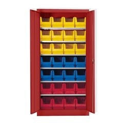 Magazinschrank, einfarbig, mit 28 Sichtlagerkästen, 6 Fachböden, rot.