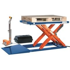 Flachform-Hubtisch, LxB 1500 x 1000 mm, Hubbereich bis 800 mm, Plattform geschlossen, 230 V, Fuß-Bed