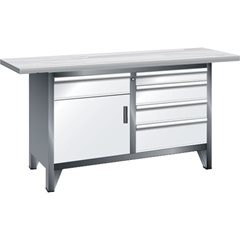 Werkbank Breite 1500 mm, Gestellbauweise, 1 Boden, 5 Schubladen, 1 Tür, Korpus lichtgrau, Front lich