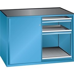 Schiebetürenschrank, Traglast Auszugboden 200 kg, 4 Schubladen, 2 Auszugböden, lichtgrau.