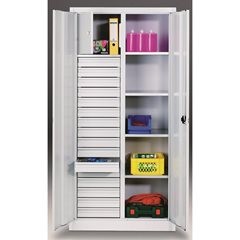 Materialschrank aus Stahlblech, 4 Fachböden, 16 Schubladen, 1 Wertfach, HxBxT 19