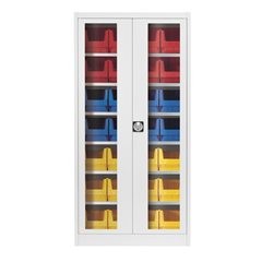 Sichtfenster-Flügeltürenschrank, mit 28 Sichtlagerkästen, lichtgrau.