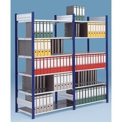 Ordner-Steckregal, doppelseitig, Höhe 2350 mm, BxT 750 x 600 mm, Anbauregal, blau / grau.