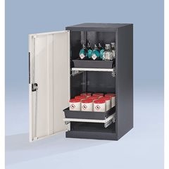 Labor-Chemikalienschrank, 1-türig, halbhoch, 2 Auszüge, ohne Sichtfenster, grau.