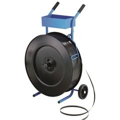 Bandabroller für PP-Band, für Bandbreite 16 mm, fahrbar, mit Ablagefach und Bügelbremse.