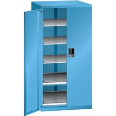 Schubladenschrank mit Flügeltüren, Höhe 1450 mm, 5 Böden, Traglast 75 kg, grau metallic / lichtgrau.