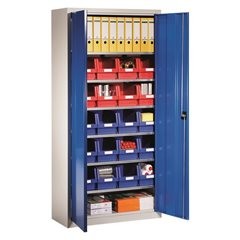 Materialschrank aus Stahlblech, mit 20 Sichtlagerkästen, lichtgrau RAL 7035 / enzianblau RAL 5010.