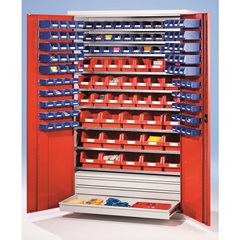 Großraumschrank aus Stahlblech, mit 9 Fachböden, 152 Sichtlagerkästen und 3 Schubladen, Korpus- und