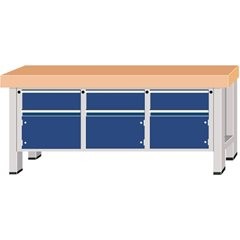 Schwerlast-Werkbank, Plattenbreite 2250 mm, mit 3 Schubladen und 3 Flügeltüren, Plattenstärke 50 mm.