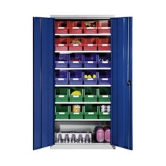 Materialschrank aus Stahlblech, mit 24 Sichtlagerkästen, lichtgrau RAL 7035 / enzianblau RAL 5010.