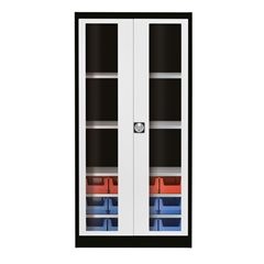Sichtfenster-Flügeltürenschrank, mit 12 Sichtlagerkästen, graphitschwarz / lichtgrau.