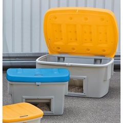 Universal- und Streugutbehälter, mit Entnahmeöffnung, 1000 l, Deckel orange.