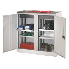 Werkzeug- und Beistellschrank, 2 Schubladen, 4 Fachböden, 1 Mitteltrennwand, Türen enzianblau.