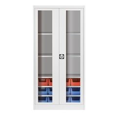 Sichtfenster-Flügeltürenschrank, mit 12 Sichtlagerkästen, lichtgrau.