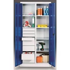 Materialschrank aus Stahlblech, 6 Fachböden, 8 Schubladen, HxBxT 1950 x 1200 x 500 mm, lichtgrau.