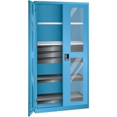 Sichtfensterschrank, HxBxT 1950 x 1000 x 580 mm, mit 2 Fachböden, 2 Auszugböden und 3 Schubladen, li